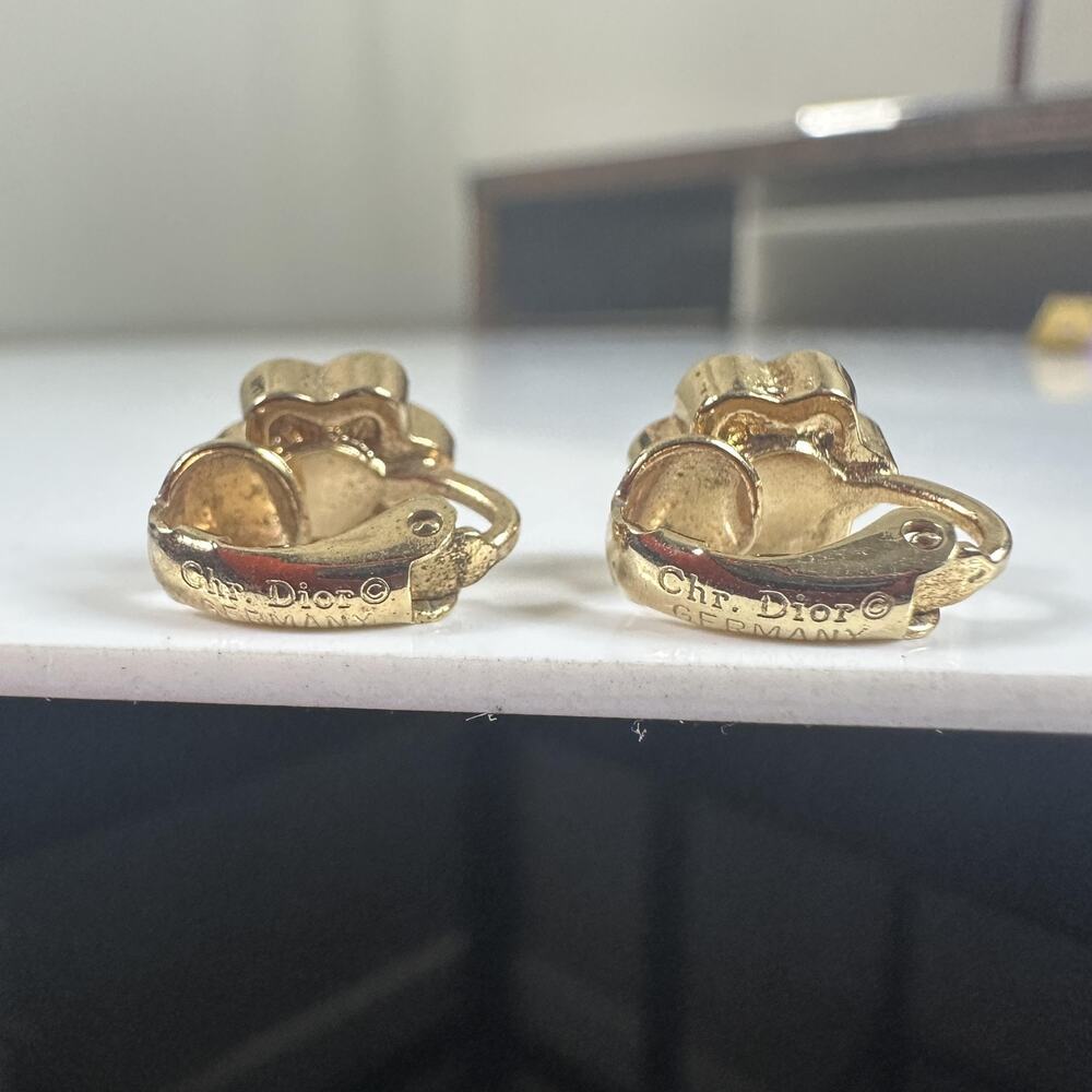 Vintage Christian Dior Gold Tone Rhinestone Flower Clip-On Stud Earrings Germany - Picture 2 of 5